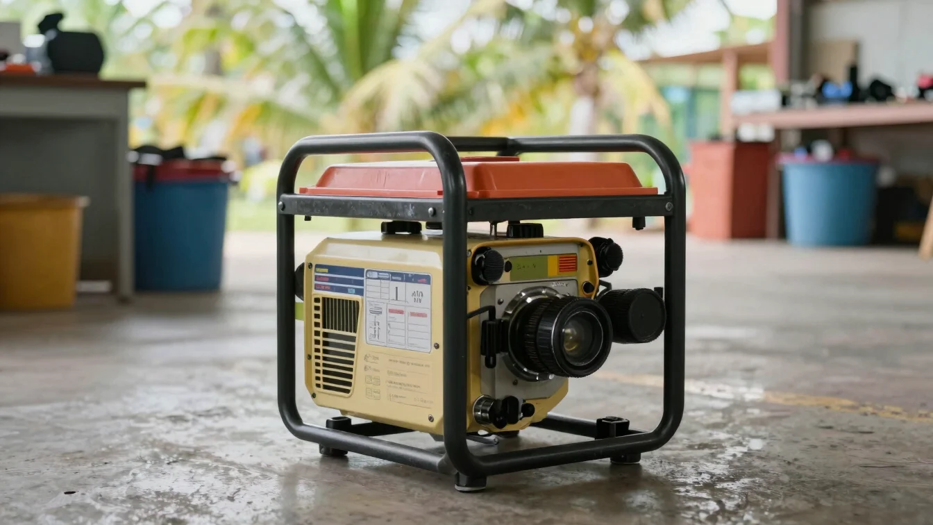 Documentary photography of a compact inverter generator on a workshop floor in bright tropical daylight, practical indus