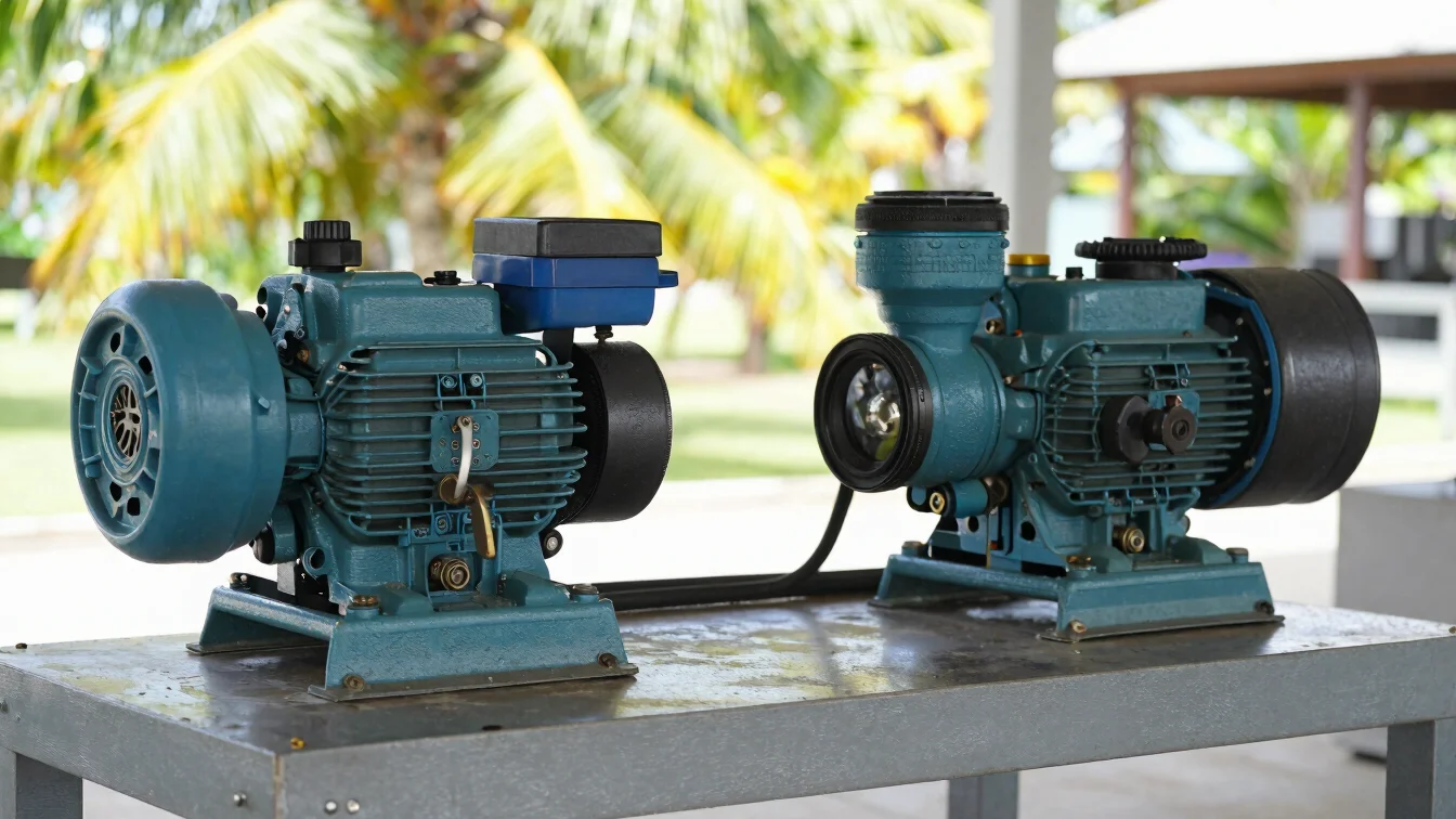 Documentary photography of a water pump and engine pump side by side on a steel workbench, bright daylight, realistic su