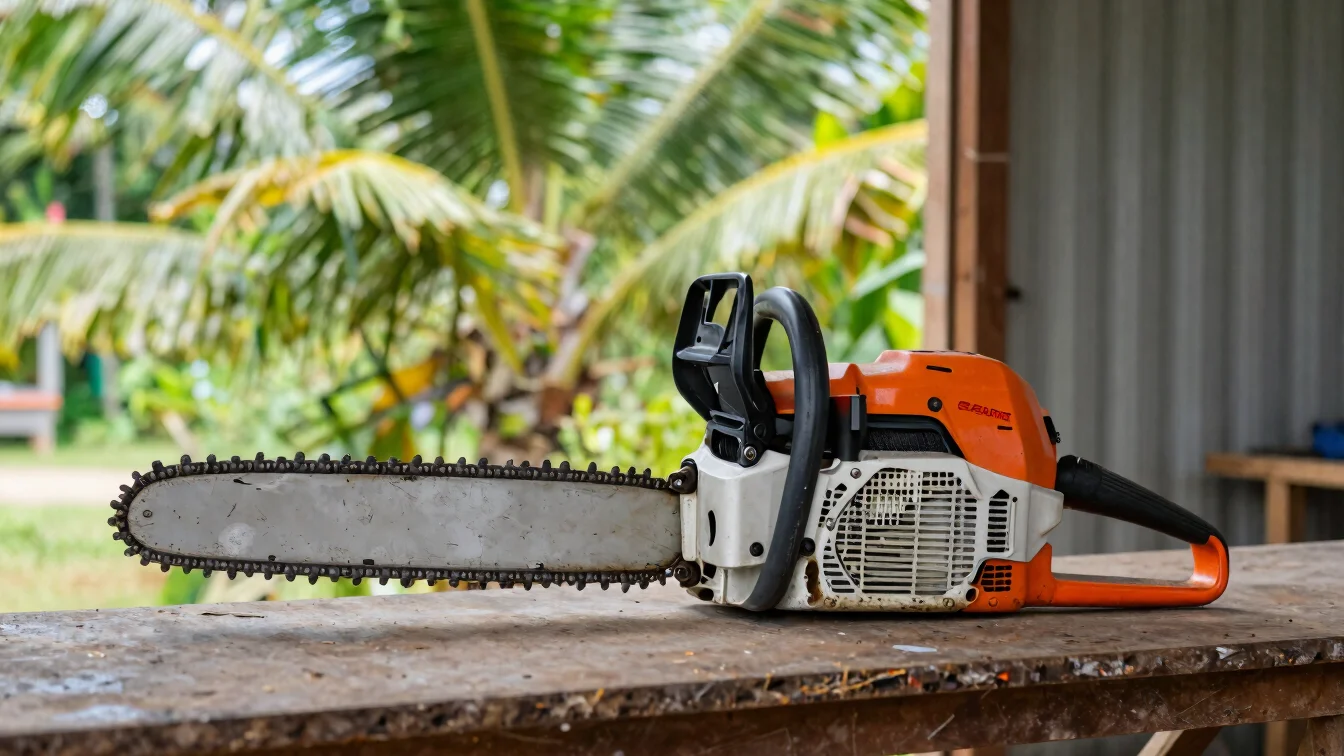 Documentary photography of a chainsaw and brush cutter on a workshop bench, tropical greenery visible through an open do