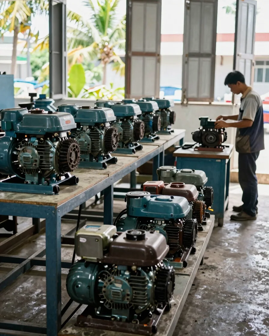 Documentary photograph of a clean practical machinery workshop in Kuala Lumpur, bright tropical daylight through open sh